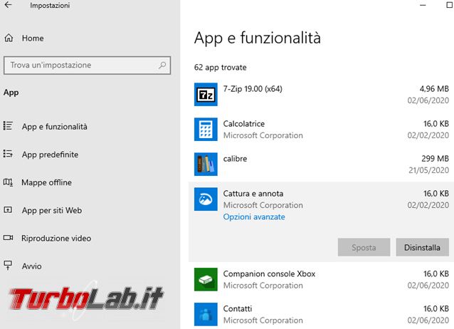 Come disinstallare reinstallare app integrate Windows 10 2004