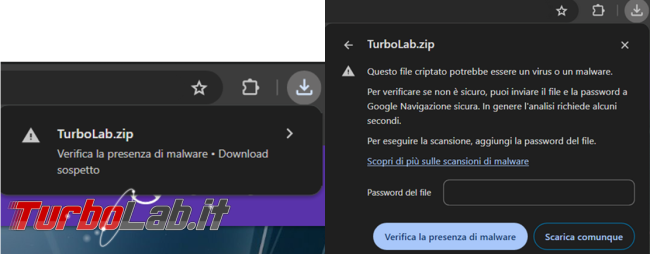 Come eliminare richiesta password download archivi criptati Chrome 121