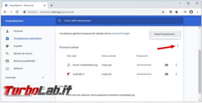 Come esportare password memorizzate Chrome riutilizzarle nuovo computer dopo formattazione