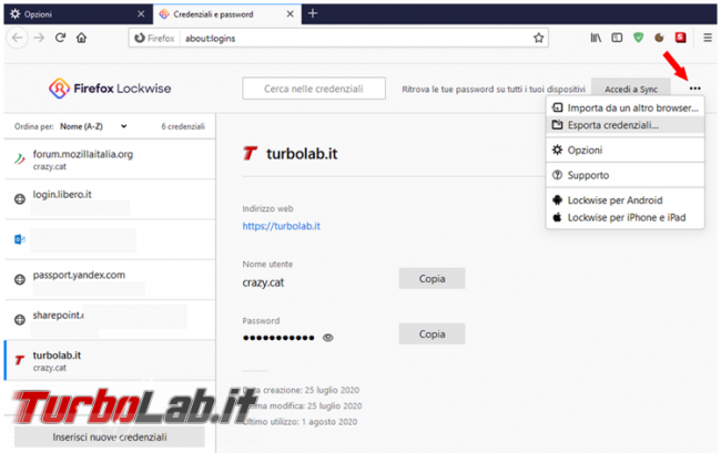 Come esportare proteggere password memorizzate Firefox 79