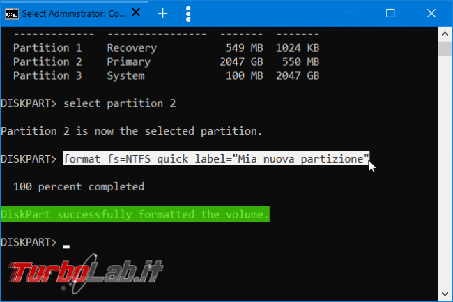Come formattare disco linea comando Windows 10 (guida format senza conferma etichetta volume)