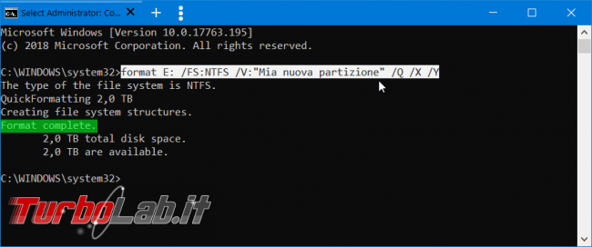 Come formattare disco linea comando Windows 10 (guida format senza conferma etichetta volume)