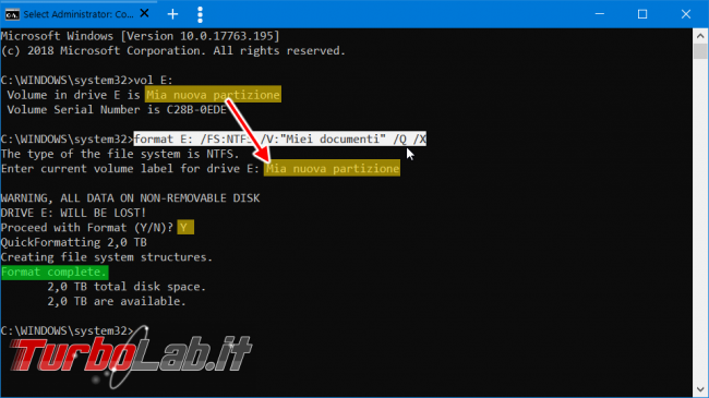 Come formattare disco linea comando Windows 10 (guida format senza conferma etichetta volume)