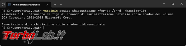 Come gestire punti ripristino Windows PowerShell vssadmin