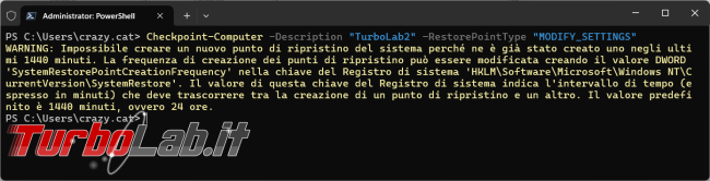 Come gestire punti ripristino Windows PowerShell vssadmin