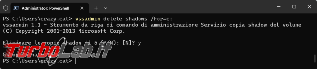 Come gestire punti ripristino Windows PowerShell vssadmin