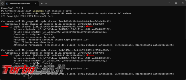 Come gestire punti ripristino Windows PowerShell vssadmin