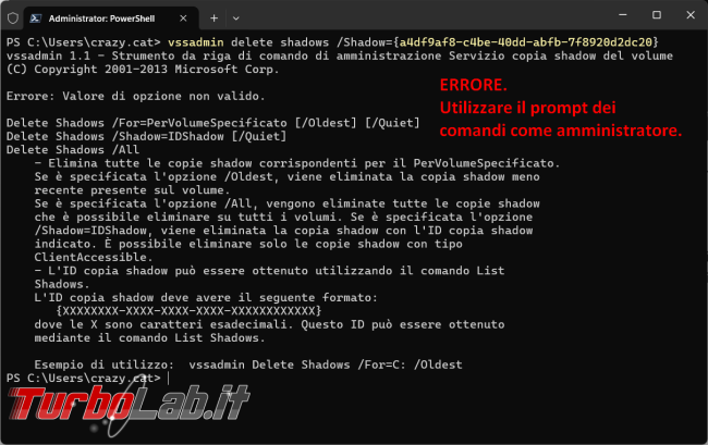 Come gestire punti ripristino Windows PowerShell vssadmin