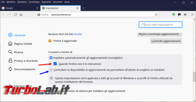 Come impedire ricerca aggiornamenti automatici, ogni sette ore, Firefox 90