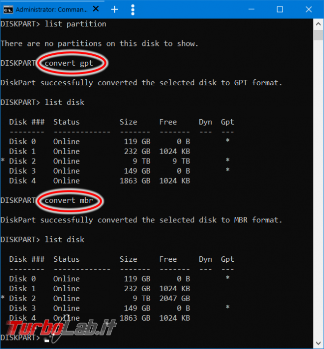 Come inizializzare / convertire disco MBR GPT tramite linea comando Diskpart Windows 10