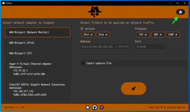 Come ispezionare salvare traffico rete Sniffnet