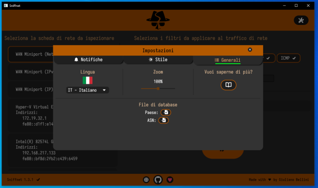 Come ispezionare salvare traffico rete Sniffnet