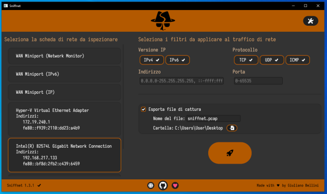 Come ispezionare salvare traffico rete Sniffnet
