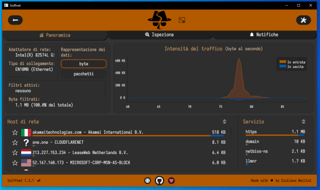 Come ispezionare salvare traffico rete Sniffnet