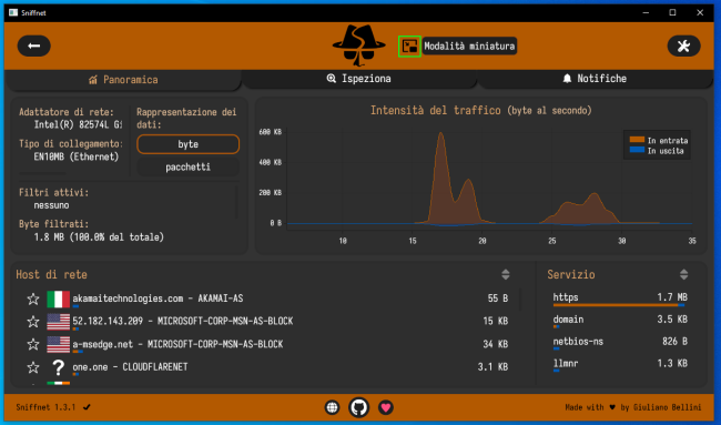 Come ispezionare salvare traffico rete Sniffnet