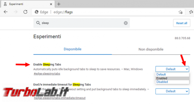 Come mettere sospensione schede non attive Microsoft Edge risparmiare memoria