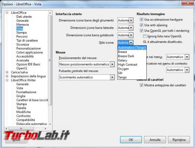 Come modificare icone LibreOffice, dimensione caratteri utilizzati menu