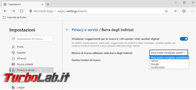 Come modificare motore ricerca predefinito Microsoft Edge aggiungerne nuovi
