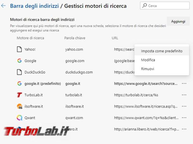 Come modificare motore ricerca predefinito Microsoft Edge aggiungerne nuovi