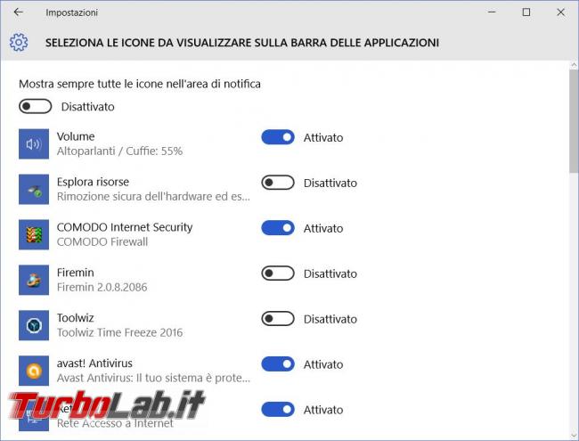 Come modificare visualizzazione icone nell’area notifica Windows 10