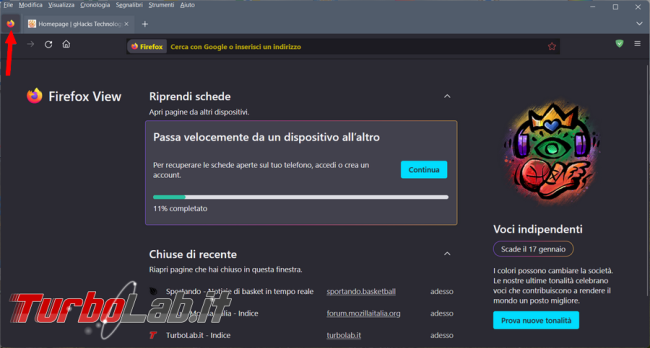 Come nascondere/visualizzare/spostare pulsante Firefox View