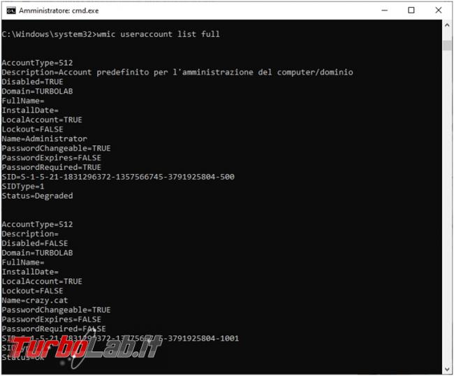 Come ottenere informazioni utente windows riga comando