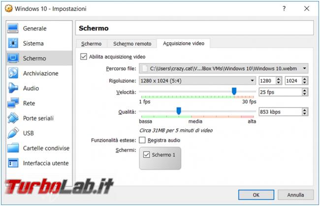 Come registrare video desktop macchina virtuale VirtualBox