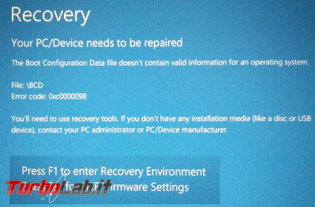 Come riparare, linea comando, l’errore 0xc0000098 file BCD 0xc0000225 file winload.efi