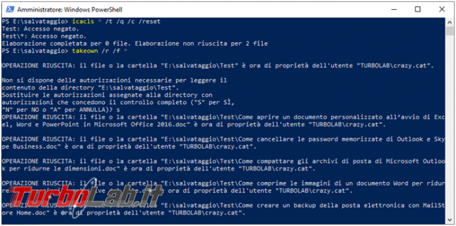 Come ripristinare permessi proprietà file cartella comandi icacls takeown