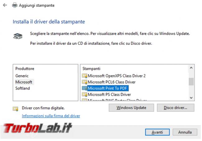 Come ripristinare stampante virtuale Microsoft print to PDF quando mancante non funzionante