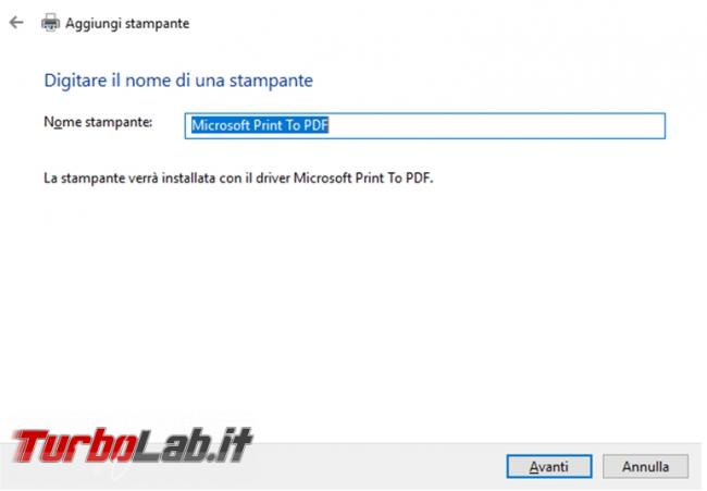 Come ripristinare stampante virtuale Microsoft print to PDF quando mancante non funzionante