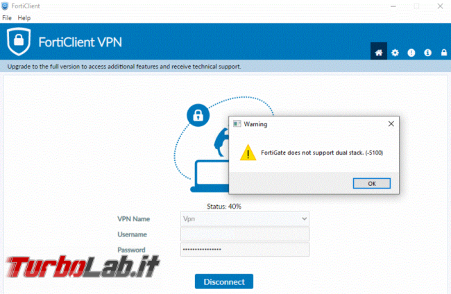Come risolvere l’errore FortiGate does not support dual stack (-5100) FortiClient VPN