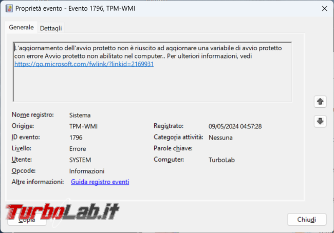 Come risolvere l’evento 1796 TPM-WMI l’aggiornamento dell’avvio protetto non riuscito