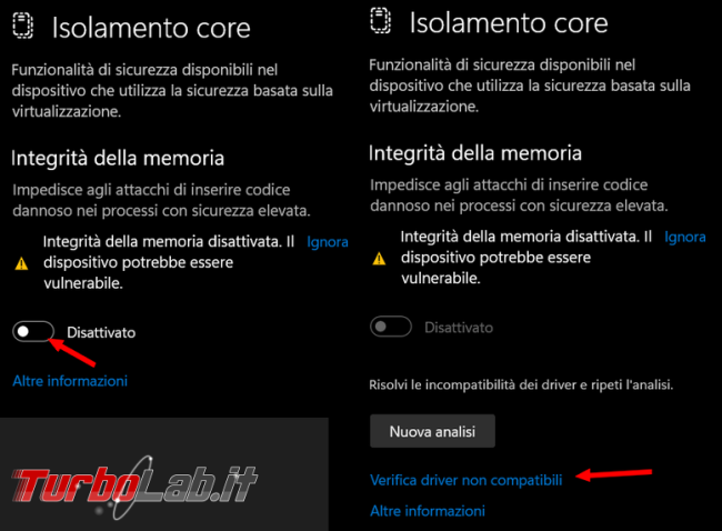 Come risolvere problema Microsoft Defender antivirus dell’integrità memoria disattivata