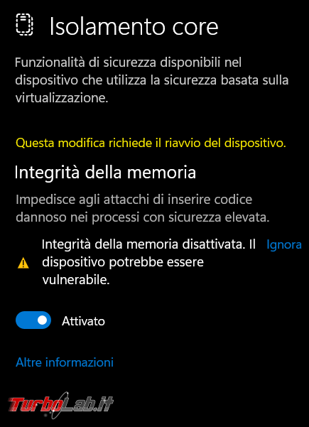 Come risolvere problema Microsoft Defender antivirus dell’integrità memoria disattivata