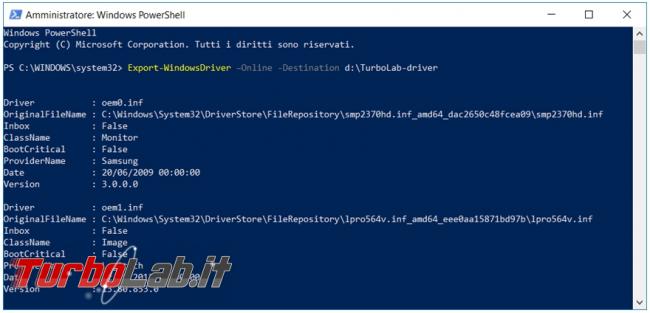 Come salvare driver non sistema direttamente riga comando PowerShell Windows 10