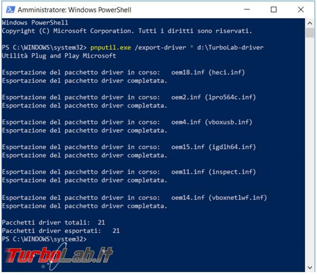 Come salvare driver non sistema direttamente riga comando PowerShell Windows 10