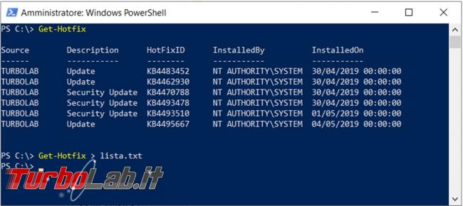 Come salvare lista aggiornamenti installati Windows