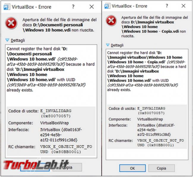Come superare l’errore (0x80070057) VirtualBox lavorare copia identica macchina virtuale
