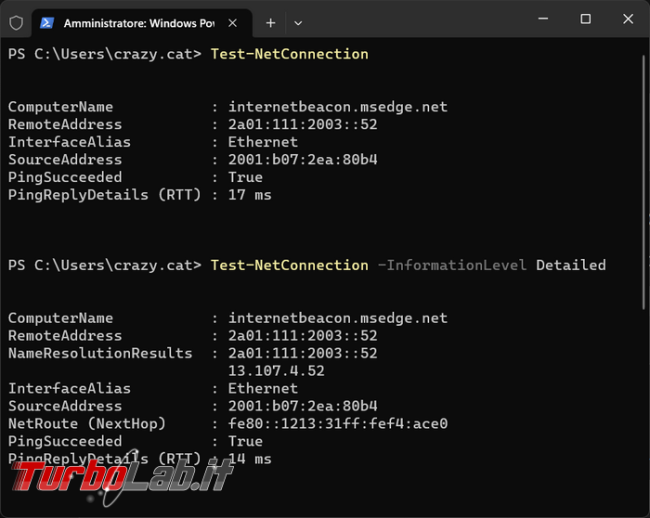 Come testare connessione rete PowerShell
