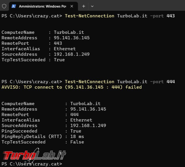 Come testare connessione rete PowerShell