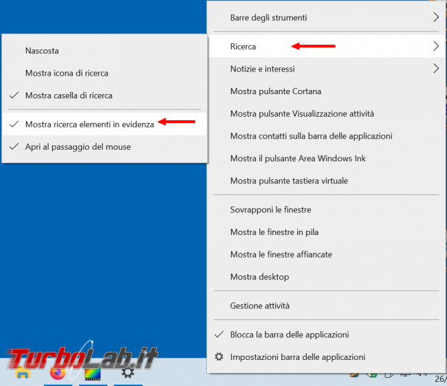 Come togliere elementi evidenza barra ricerca Windows 10