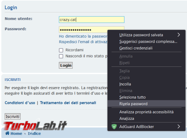 Come togliere &quot;Rivela password&quot; menu contestuale Firefox 112