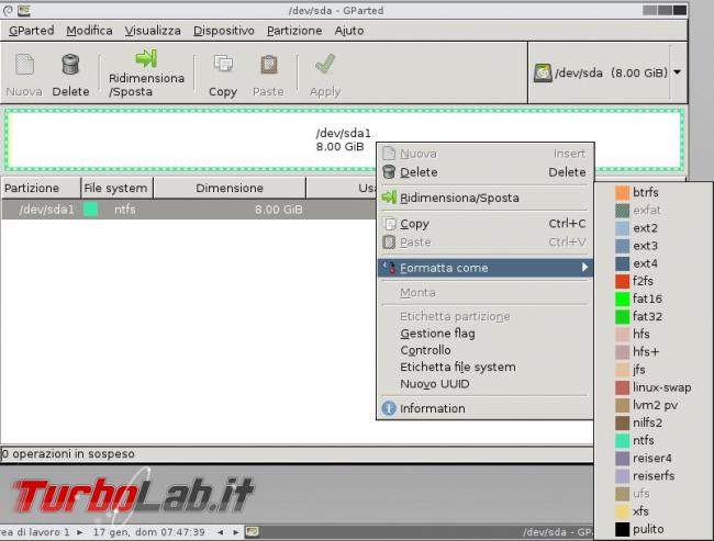 Come usare GParted modificare partizioni disco fisso