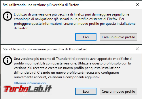 Come utilizzare profilo nuovo Thunderbird Firefox versione più vecchia programma
