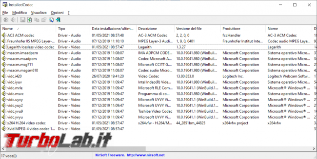 Come vedere quali codec audio video sono installati PC Windows 10