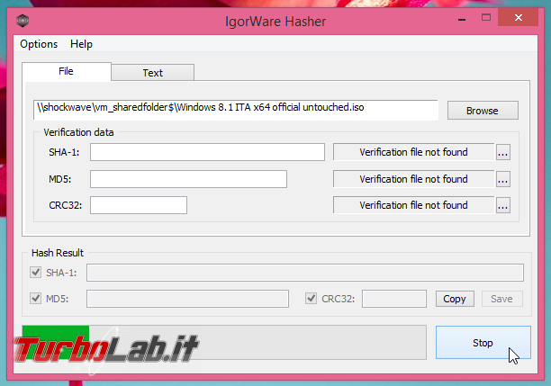 Come verificare integrità file scaricato SHA-1 MD5 - IgorWare Hasher calculating