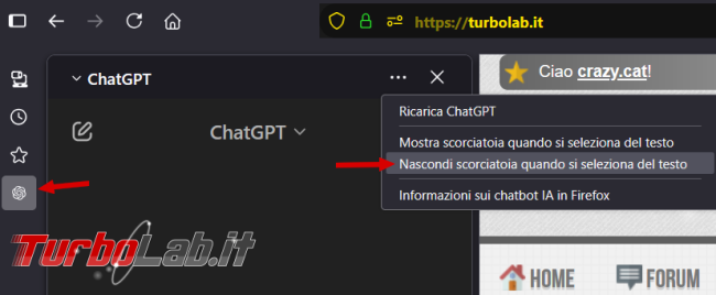 Come visualizzare/nascondere nuove componenti chatbot IA Firefox 136