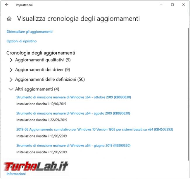 Come visualizzare salvare lista aggiornamenti installati Windows 10
