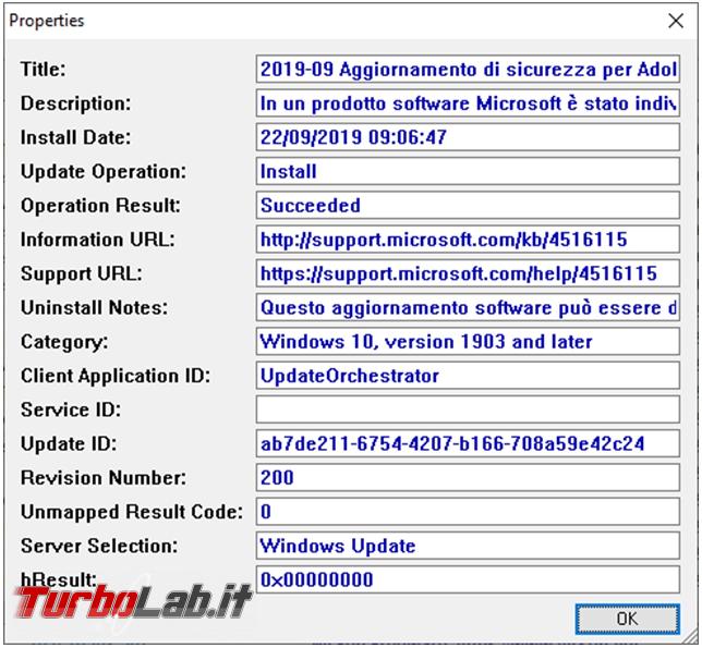 Come visualizzare salvare lista aggiornamenti installati Windows 10